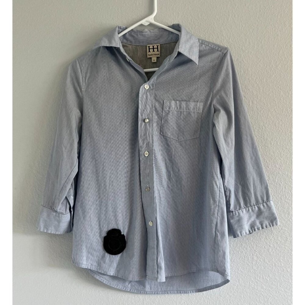 Haute Hippie 3/4 Sleeve Button Front Blouse Blue Pinstripe Cotton Blend Small‎